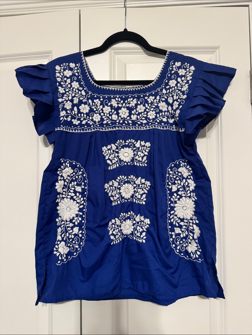 Royal Blue Embroidered Flutter-Sleeve Blouse